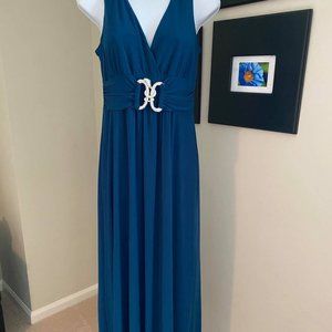 Teal floor-length gown with silver tone accent